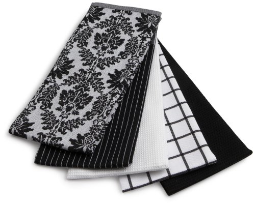 Ritz 5-Piece Egyptian Flat Kitchen Towel Set, Vintage Damask Black.
