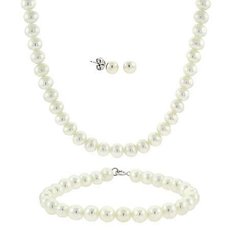 5.5 6mm .925 Sterling Silver Genuine Freshwater Cultured White Pearl Necklace Bracelet Stud Earring Set
